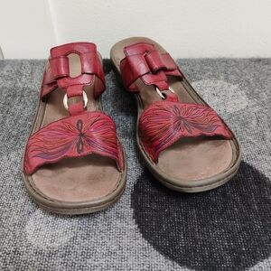 Rieker Red Leather Floral Laser Cut Slide Sandals Comfort Shoes Size 41